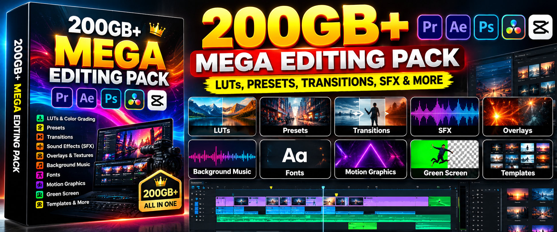 200GB+ Mega Editing Pack: LUTs, Presets, Transitions, SFX aur Templates ka All-in-One Bundle